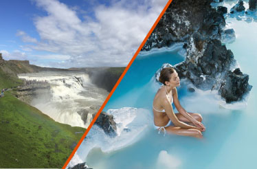 Combo tour. To the left, the waterfall Gullfoss with blue skies and green grass on the cliffs all around it. To the right, a woman relaxing in the milky-blue waters at the blue lagoon