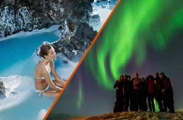 A woman relaxing in the blue lagoon milky blue waters and a group of people in winter coats pose for a northern lights photo