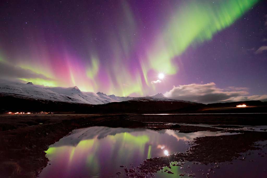 Bright moon and aurora borealis, Earth