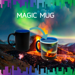 Color changing mug volcano in Iceland with Northern Lights