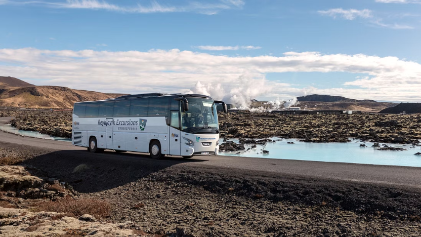 Reykjavik Excursions coach passing by the Blue Lagoon
