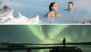 Combo tour. At the top, woman is relaxing in the milky-blue waters of blue lagoon while enjoying the complimentary white mud silica face mask. At the bottom, person is watching the northern lights dancing in the sky above a lake.