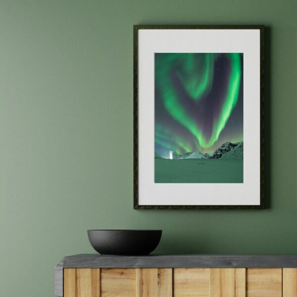 Heart-shaped aurora borealis photograph framed with a passe-partout layout