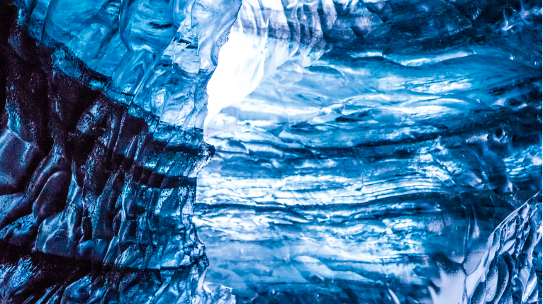 The colours of the Katla ice cave, shades of blue, black and white