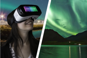 Combo: Woman watching the aurora using a VR headset to the left, northern lights above the mountains as seen from a boat. Reflection of the northern lights on the ocean.