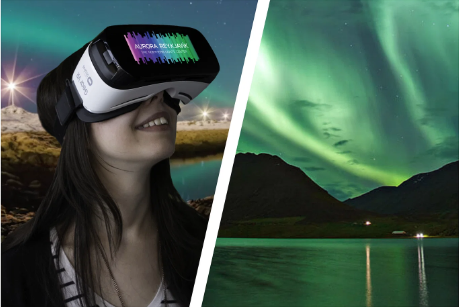 Combo: Woman watching the aurora using a VR headset to the left, northern lights above the mountains as seen from a boat. Reflection of the northern lights on the ocean.