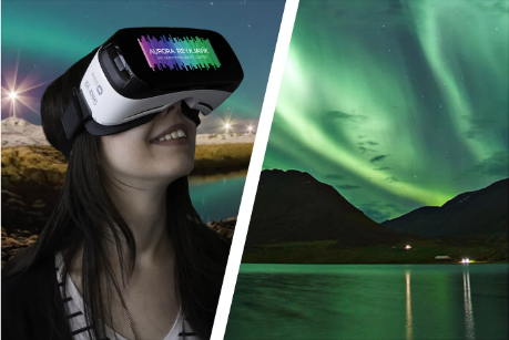 combo-aurora-reykjavik-northern-lights-cruise-special-tours Combo: Woman watching the aurora using a VR headset to the left, northern lights above the mountains as seen from a boat. Reflection of the northern lights on the ocean.