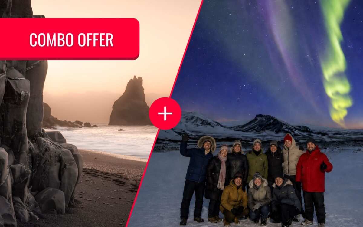 Combo tour combining the South Shore black sand beach and a Northern Lights hunt in Iceland with Aurora Reykjavík