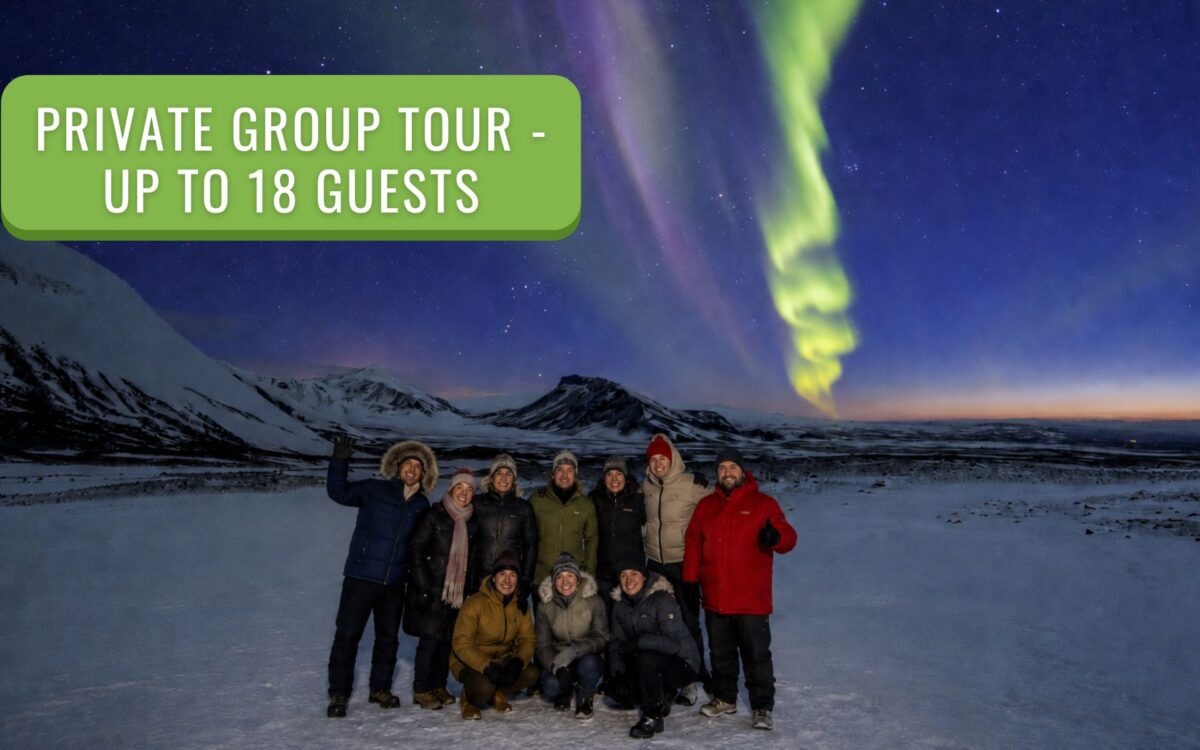 A group of guests posing under the Northern Lights on a private group tour with Aurora Reykjavík in Iceland