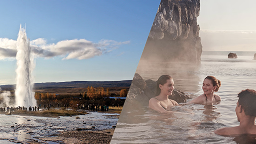 Geysir erupting on a sunny day to the left, women bathing in the soothing Sky Lagoon water