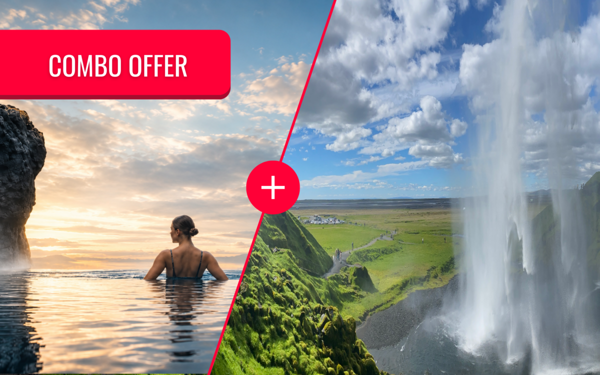South Coast and Sky Lagoon combo tour in Iceland with waterfall views and relaxing geothermal lagoon experience