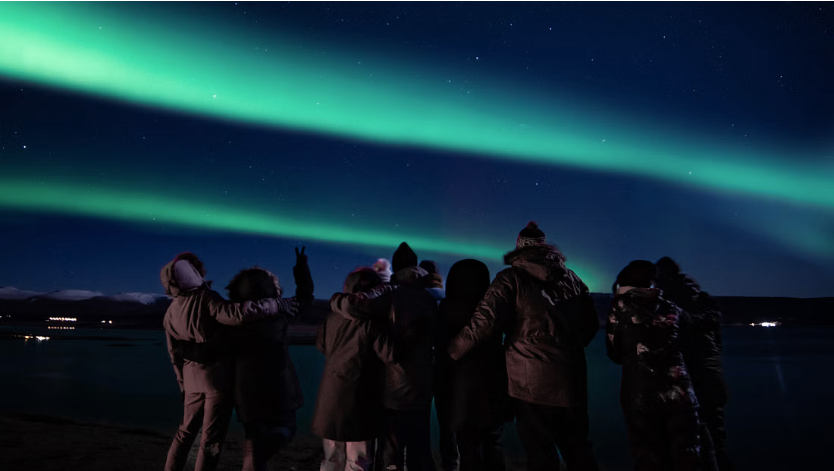 A small group of people enjoying a bright green northern lights display