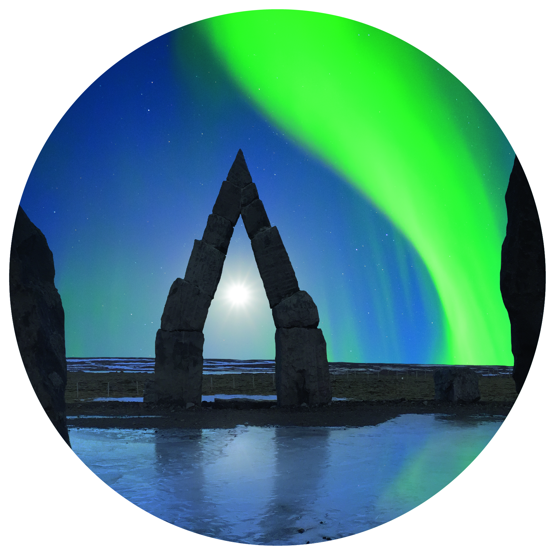 Northern lights dance over the stone sculptures at the arctic  henge, with the moon seen through the stone arch