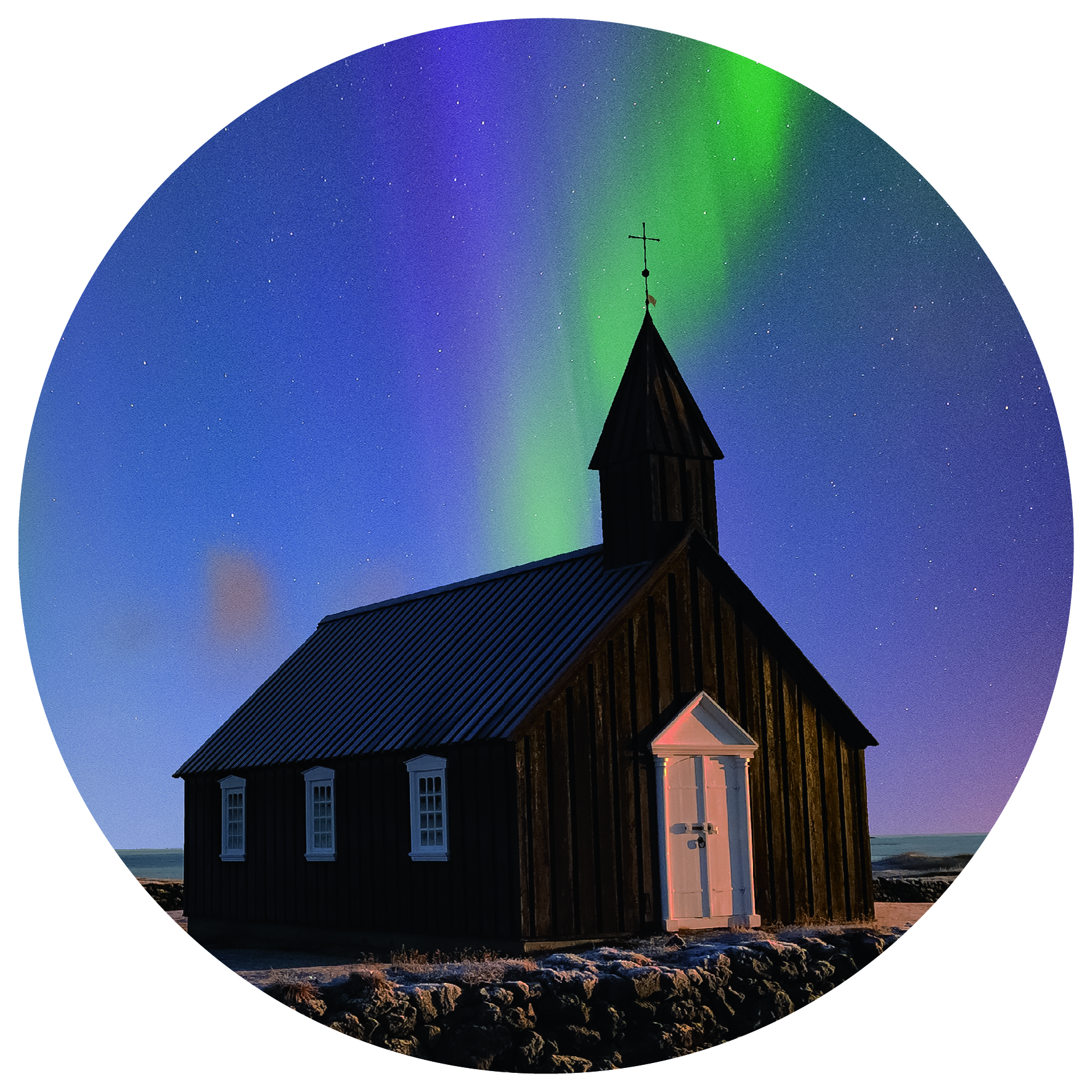 pink and green northern lights dance in the night sky above a black wooden church  with white door and windows