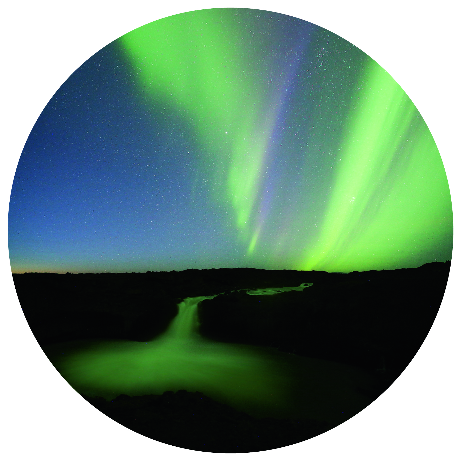 green and blue northern lights reflect into a waterfall surrounded by a black rugged landscape