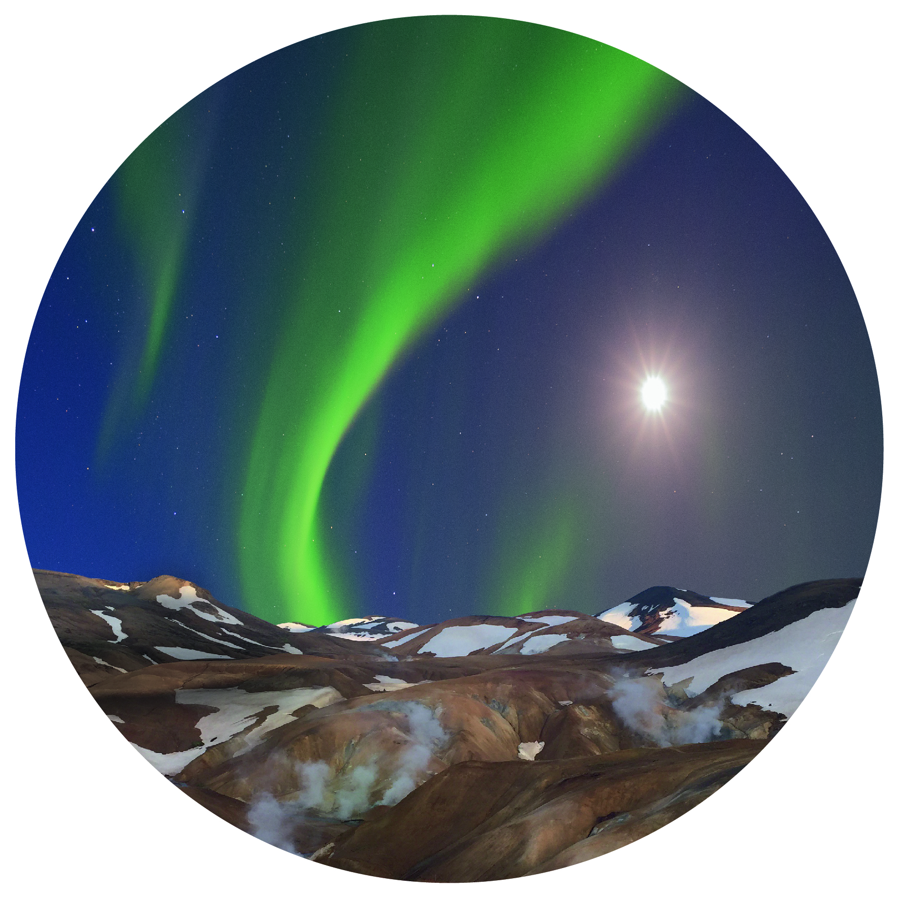 Green northern lights and full moon lighting up the dark night sky above yellow and brown mountains partially covered in snow