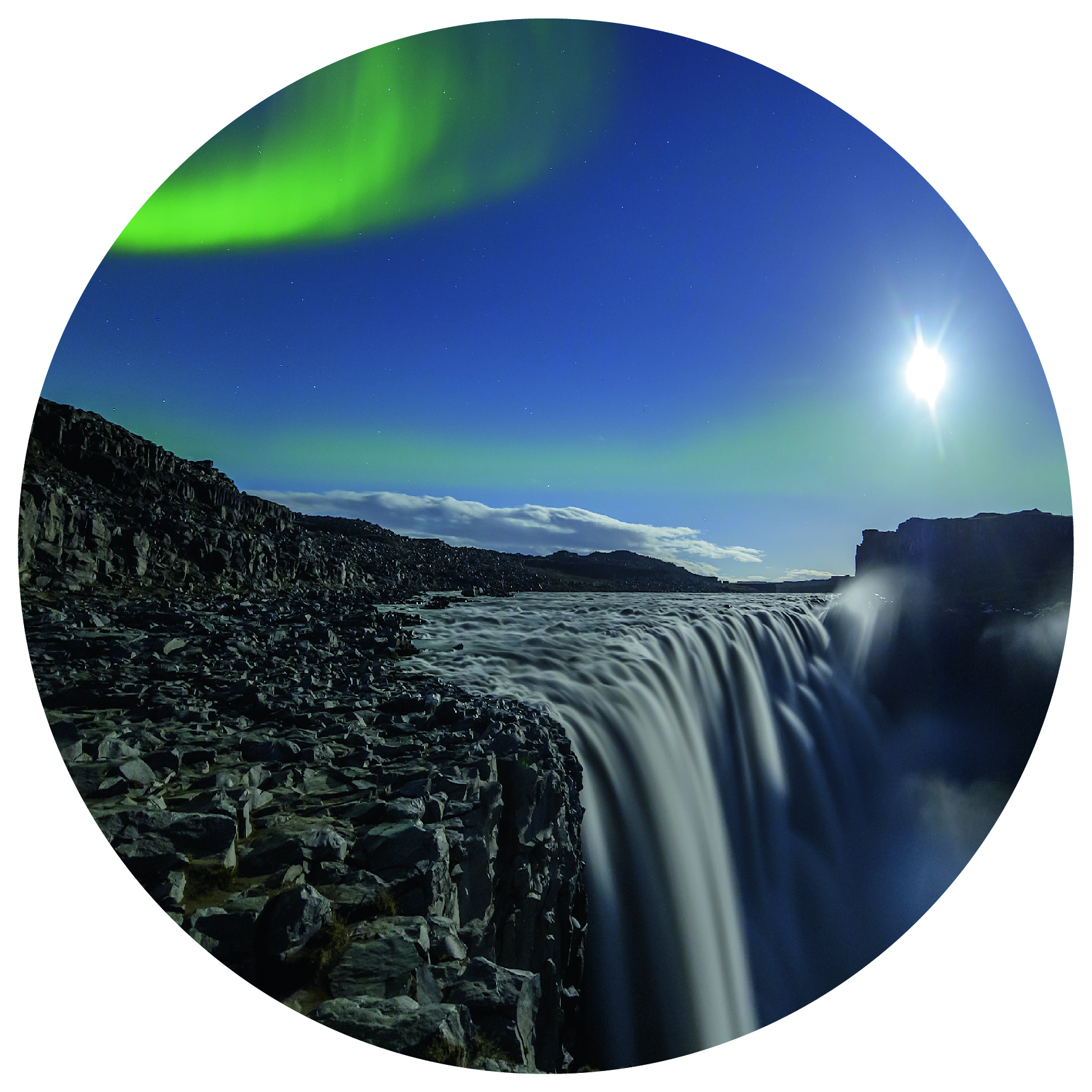 Green northern lights dance over the massive Dettifoss waterfall, illuminated by the full moon