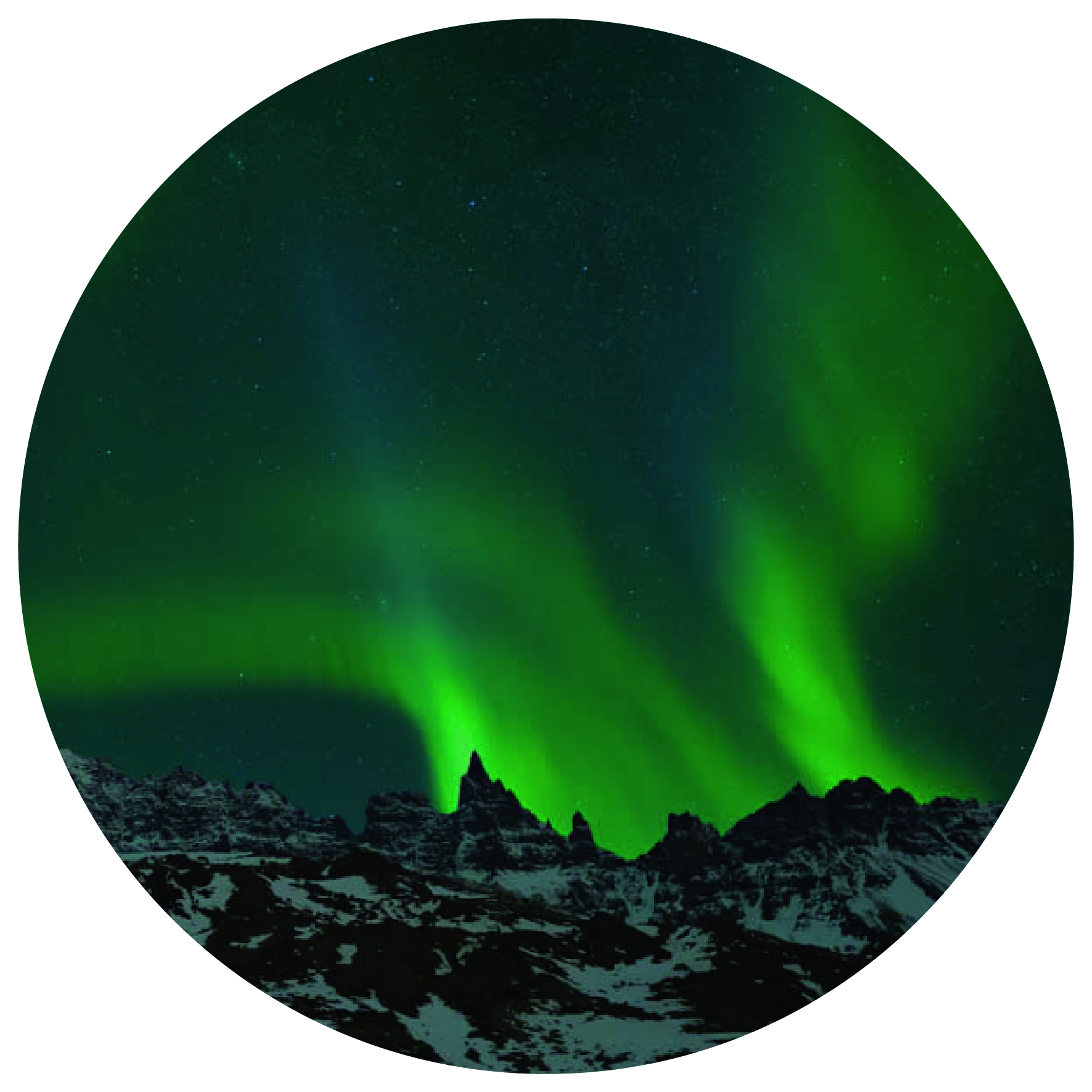 Green northern lights over black sharp peak formations on top of a snow-covered mountain