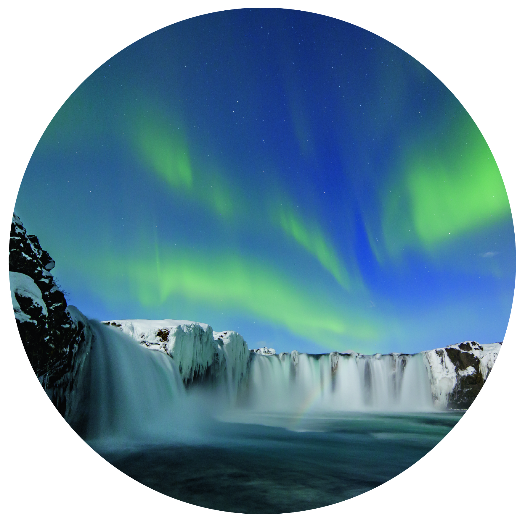 Green northern lights dancing over a waterfall on a snowy landscape