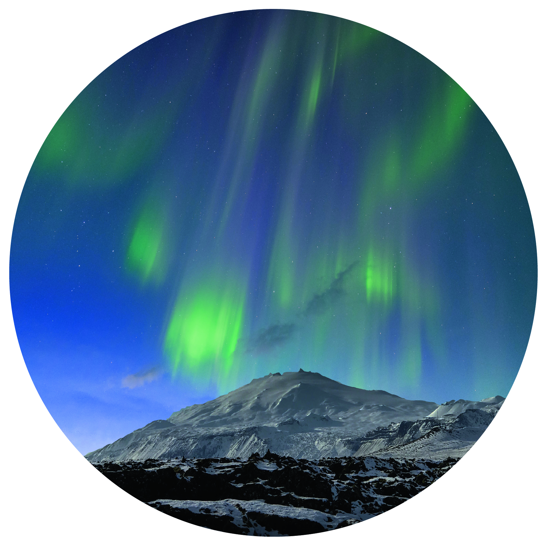 green northern lights dancing over a glacier on a volcano top, surrounded by black lava fields