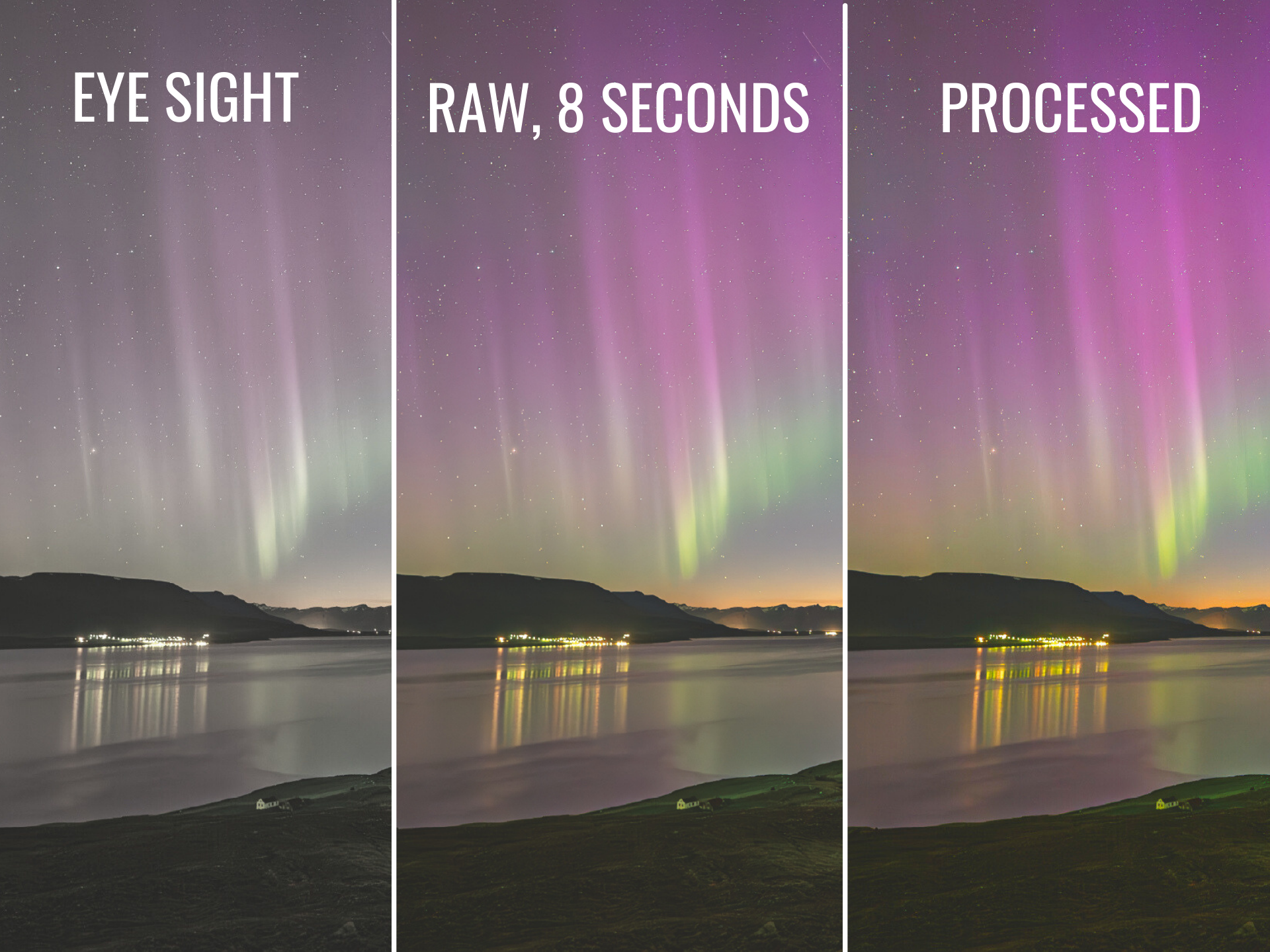 Image of Northern Lights , eye sight, raw and processed