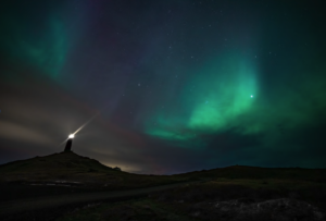 Northern lights over Reykjanes lighthouse