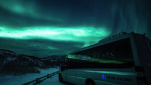 Minibus under the northern lights