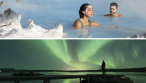 Travellers enjoying the Blue Lagoon and watching the northern lights