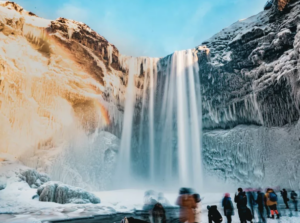 Skógafoss waterfall covered in ice