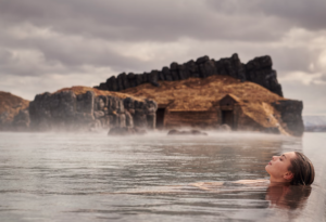 Guest enjoying a bath at Sky Lagoon