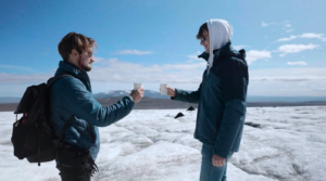 Visitors enjoying a hot drink at the glacier