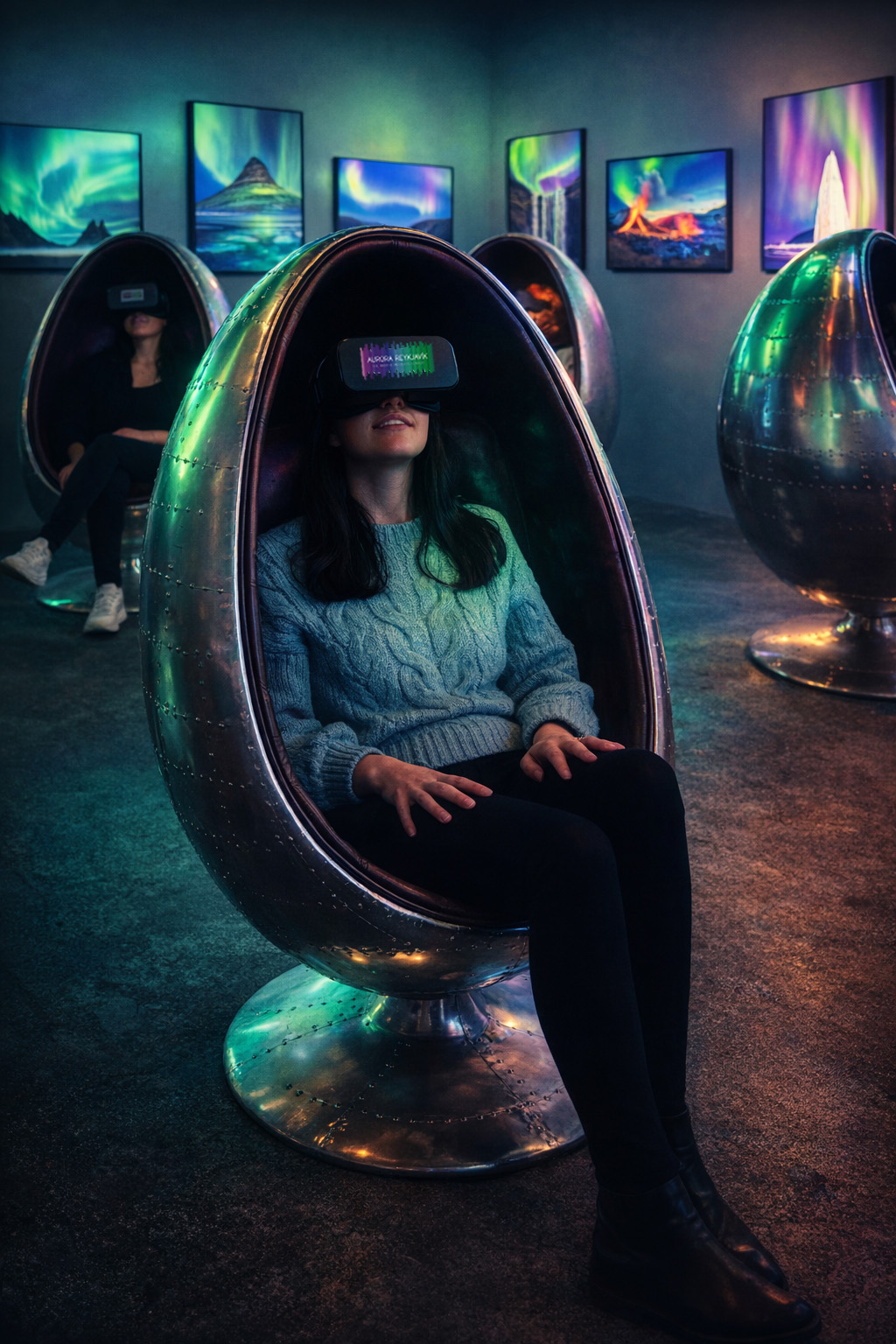 A visitor experiencing the Northern Lights in virtual reality at Aurora Reykjavík, The Northern Lights Center in Reykjavík, Iceland