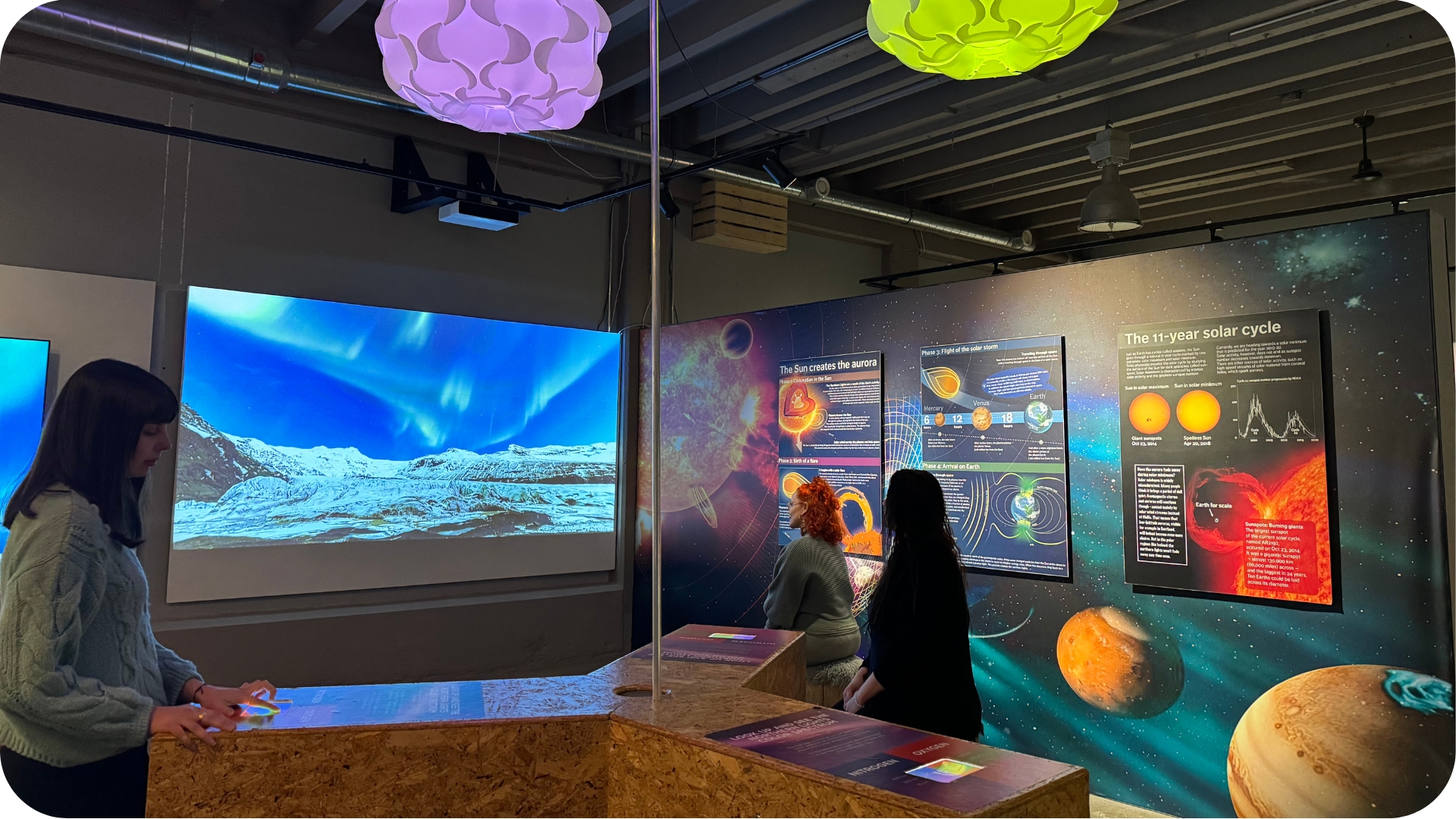 Visitors exploring the Aurora Reykjavík interactive northern lights exhibition, with a large screen displaying the aurora borealis over an Icelandic glacier and informational panels explaining the solar cycle and how the sun creates the aurora